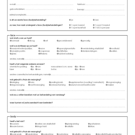 Skin &amp; Nutrition consultation form 50 pcs. ( in Dutch )